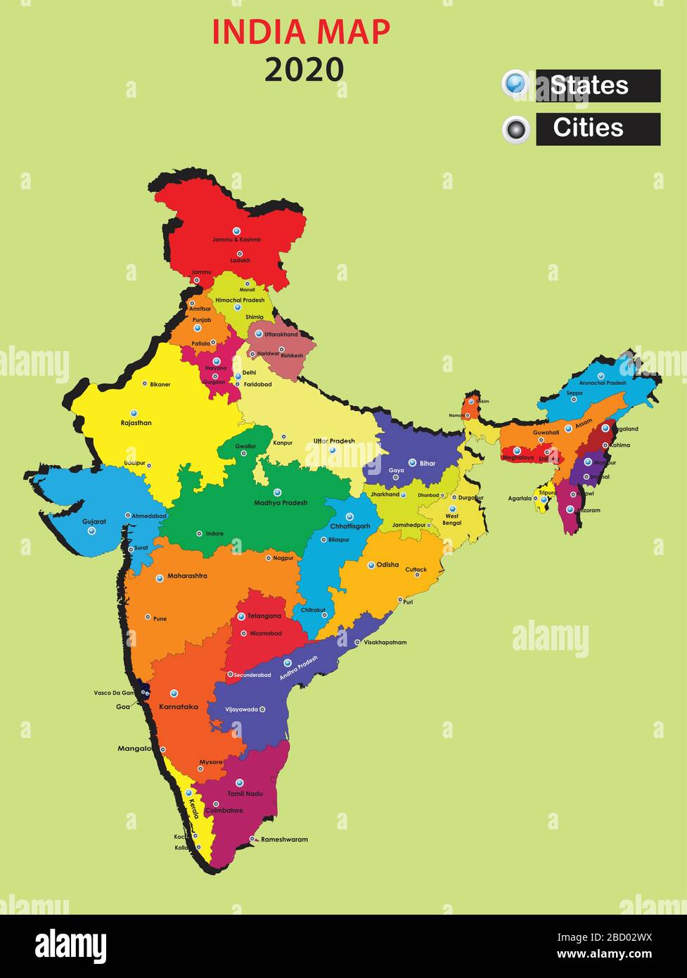 State and cities of India.India new map in 2020.3d view of India map. Stock Vector