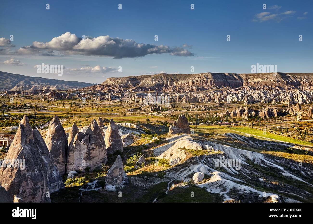 Beautiful landscape of ancient geological formation called fairy chimneys at sunset in Cappadocia valley, Turkey Stock Photo