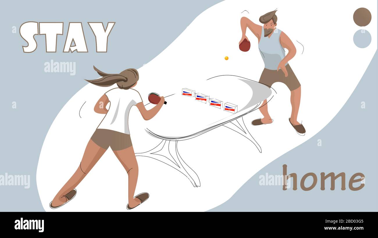 A man and a woman playing ping pong at home. Covid 2019 Quarantine Stock Vector