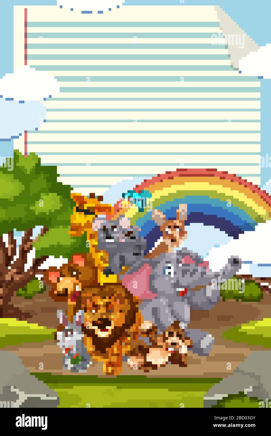 Border template design with many wild animals in background ...