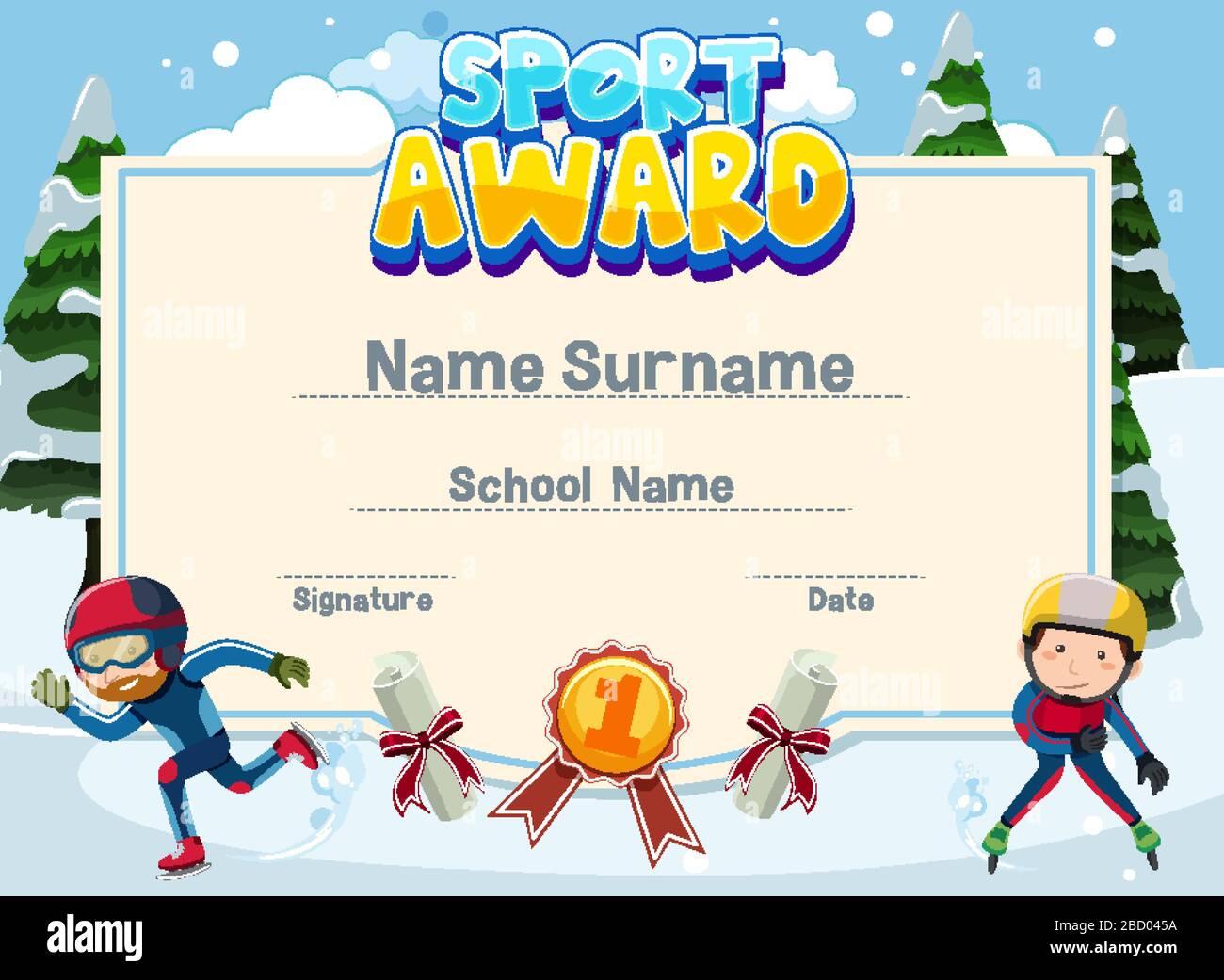 Certificate template design for sport award with two athletes
