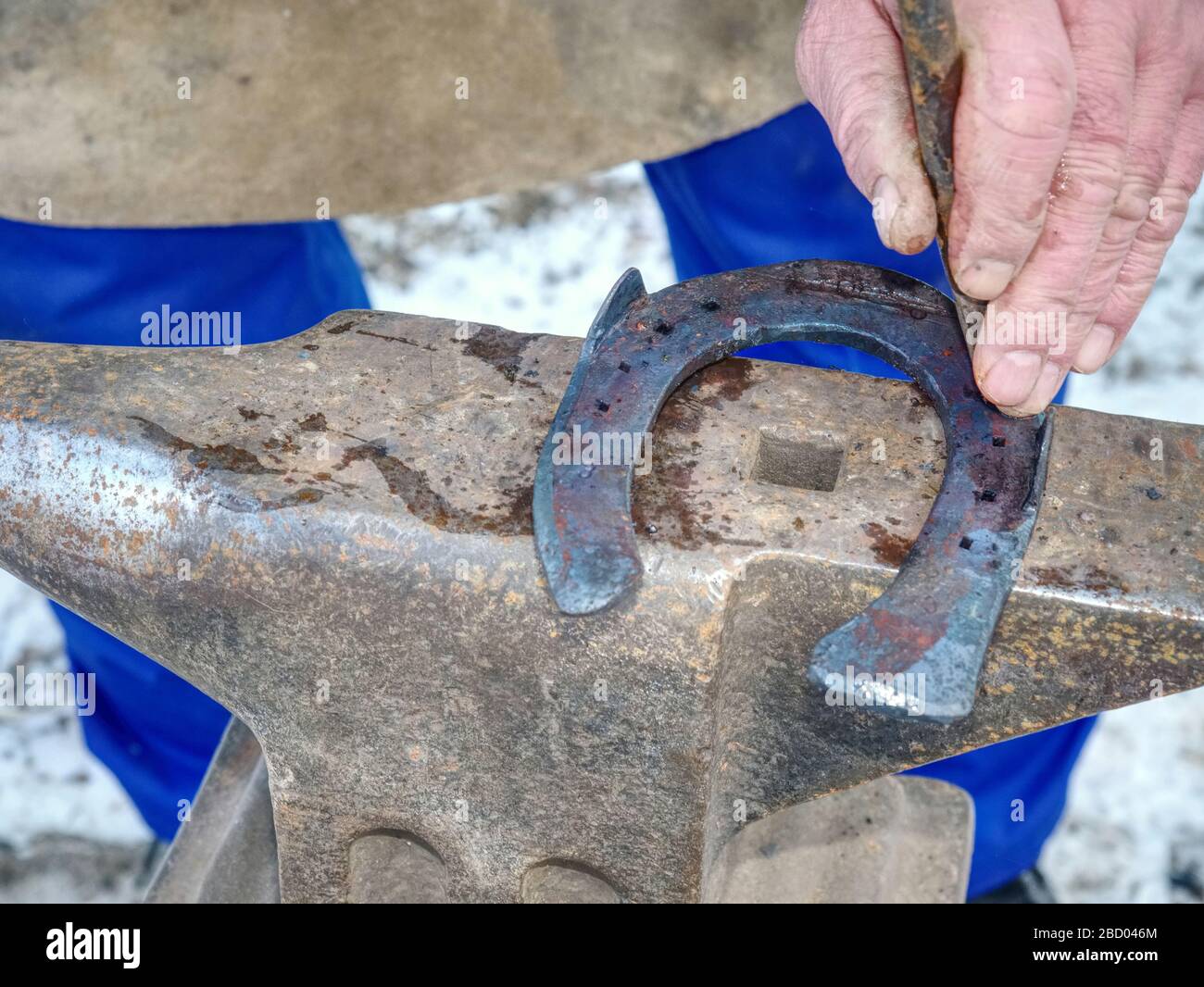 Blacksmith with hammer nail holes on horseshoe Stock Photo Alamy
