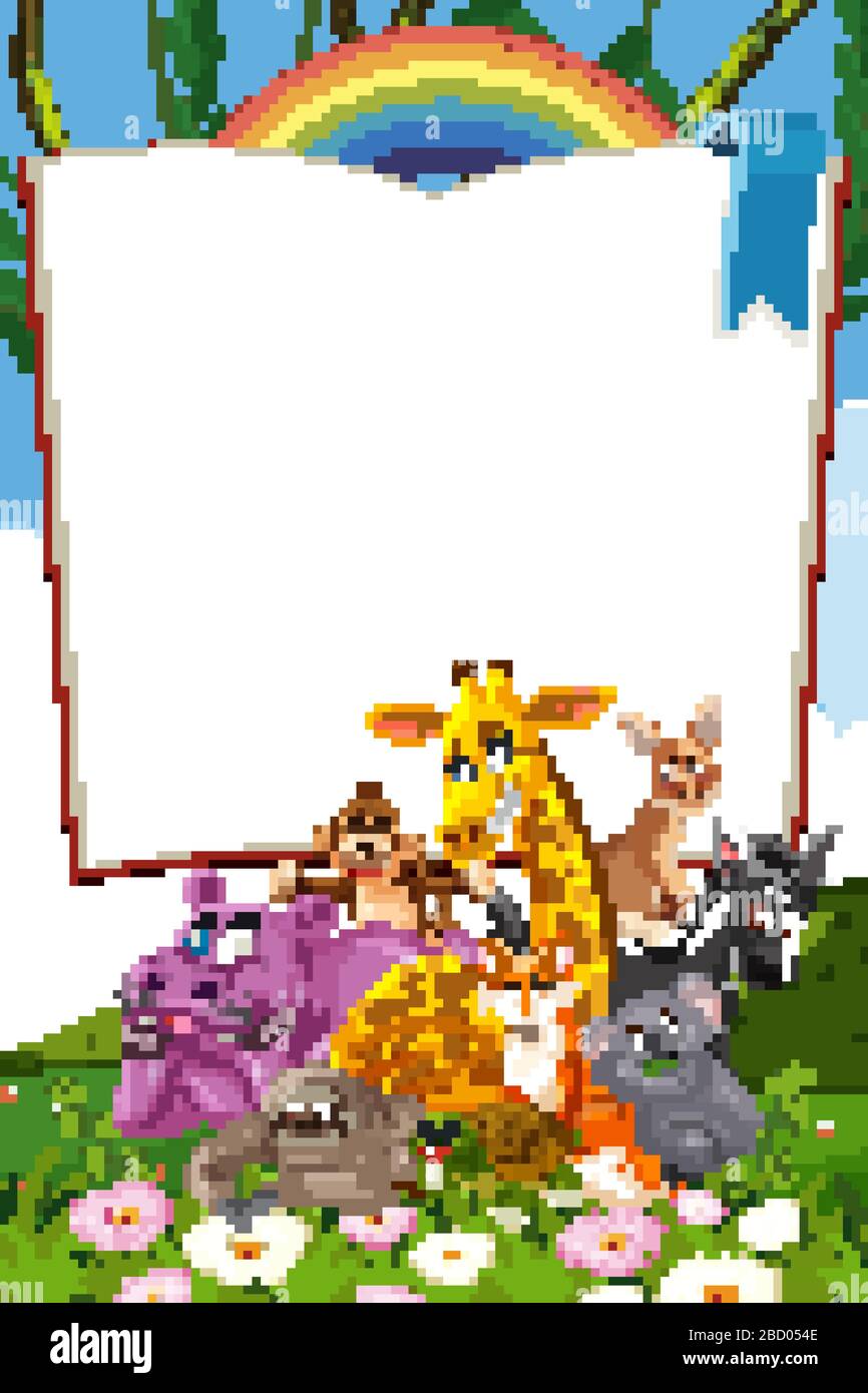 Border template design with many wild animals in background ...