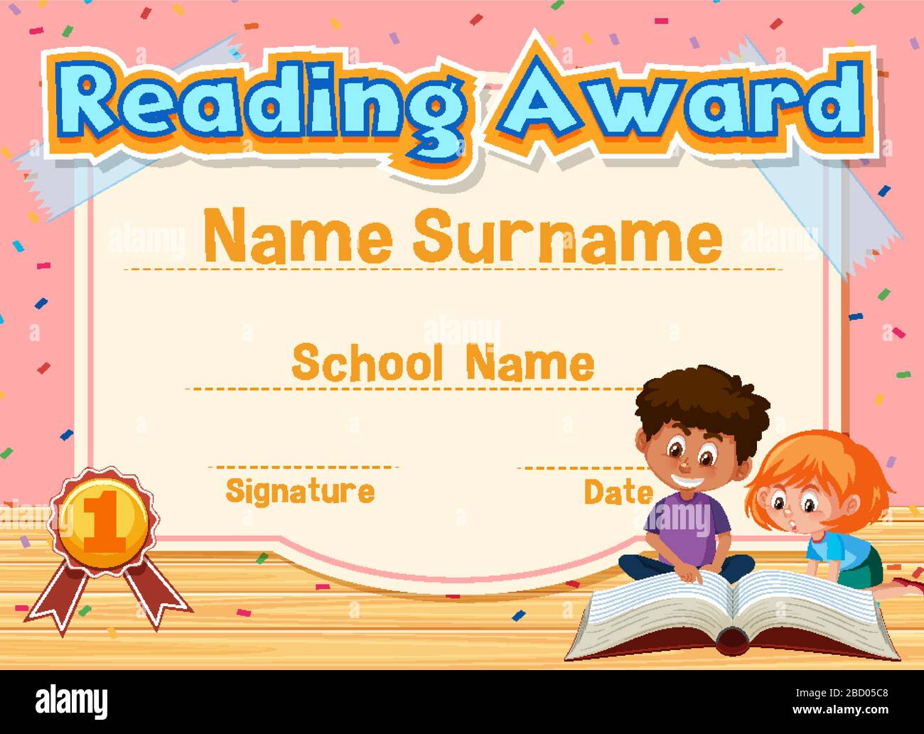 Certificate template for reading award with kids reading books in background illustration Stock Vector