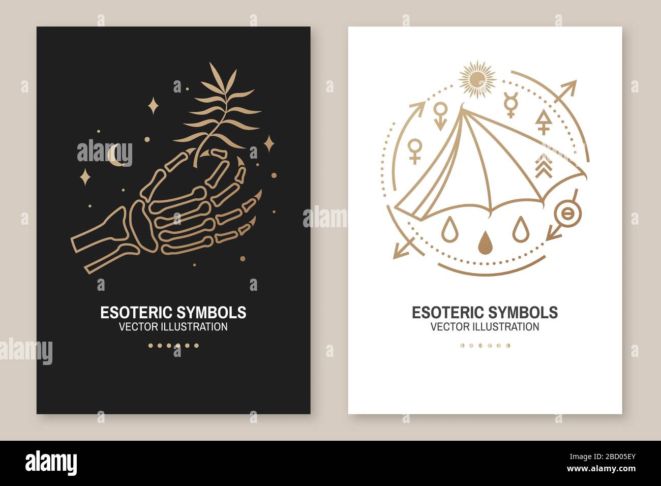 Esoteric symbols poster, flyer. Vector illustration. Thin line geometric badge. Outline icon for alchemy, sacred geometry. Mystic, magic design with bat wing and human skeleton bone hand Stock Vector