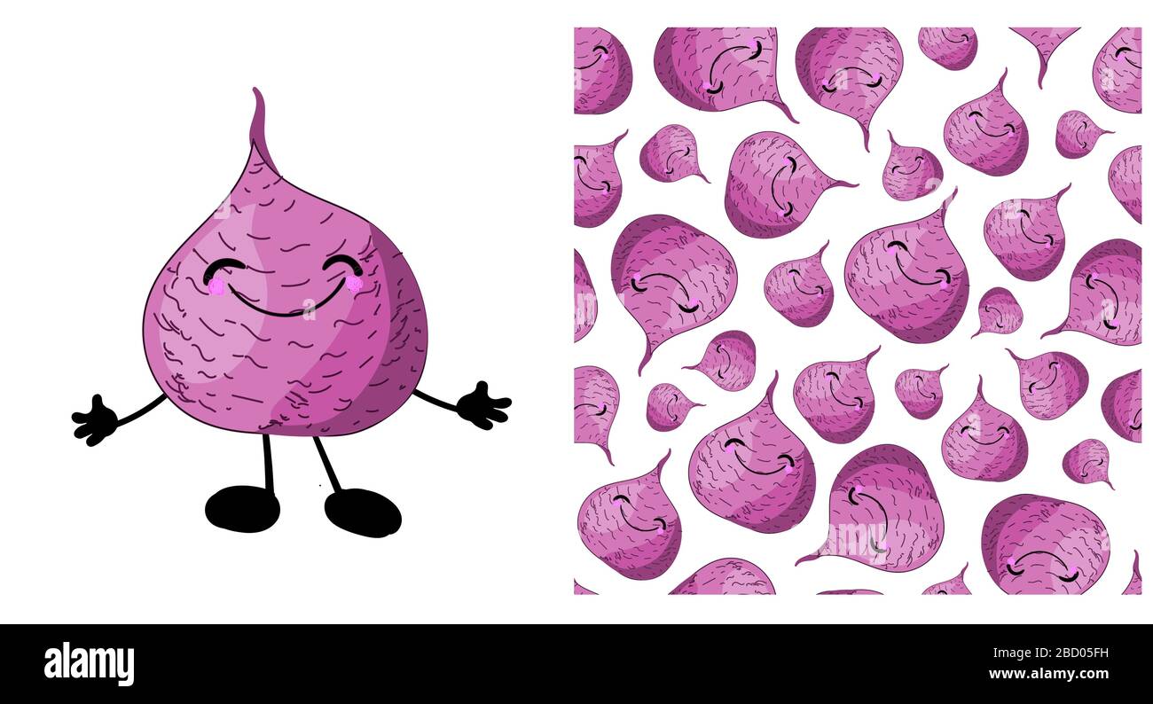 Beetroot vegetable character cute. Seamless vegetable pattern with sugar beets. Children's vector illustration.. Stock Vector