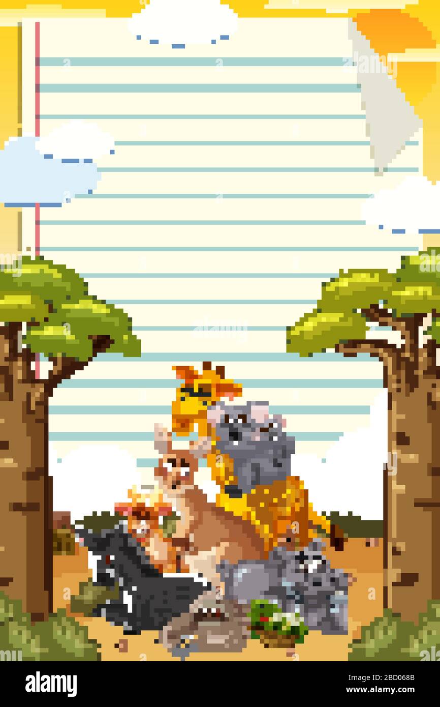 Border template design with many wild animals in background ...
