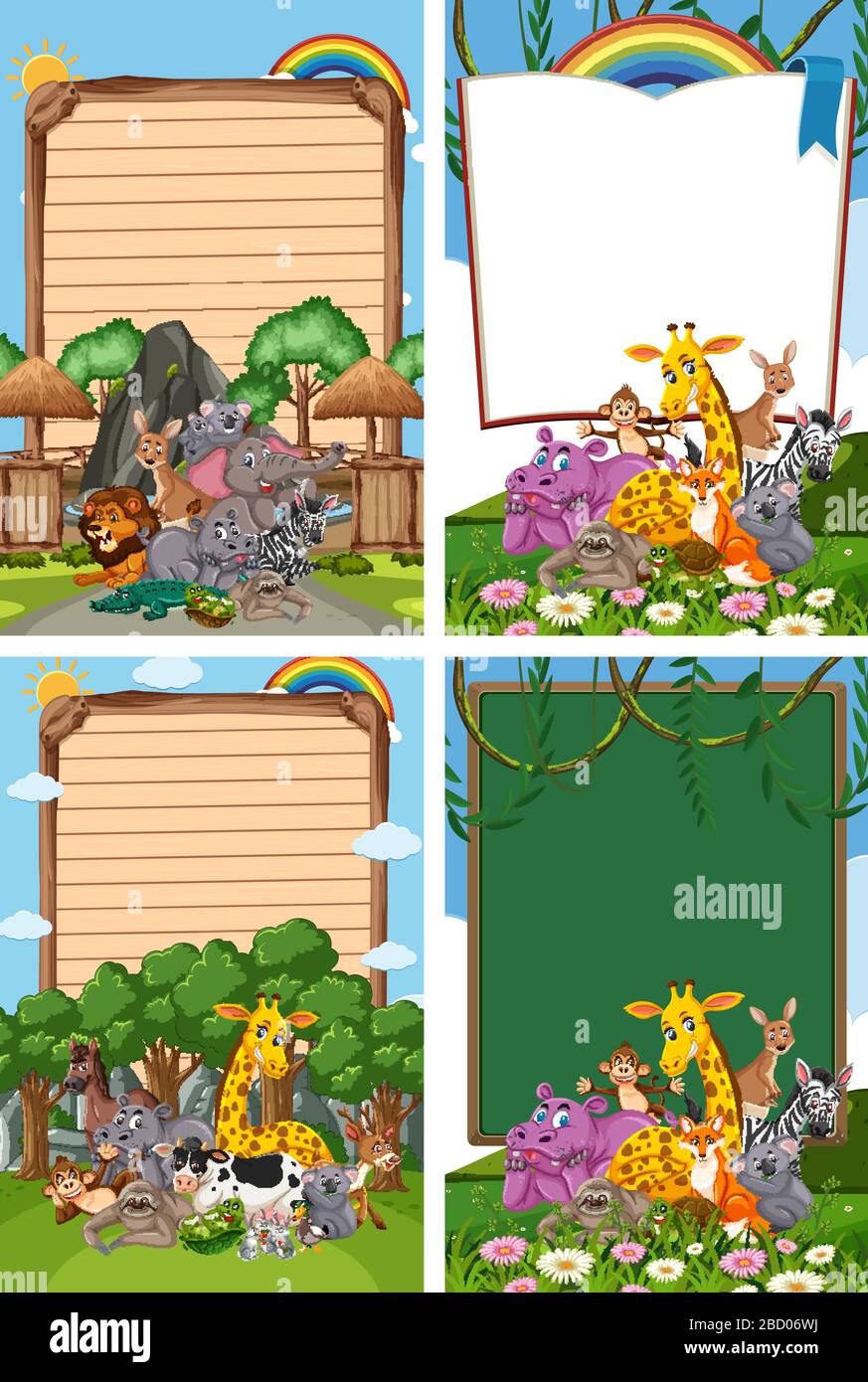 Border template design with many wild animals in background