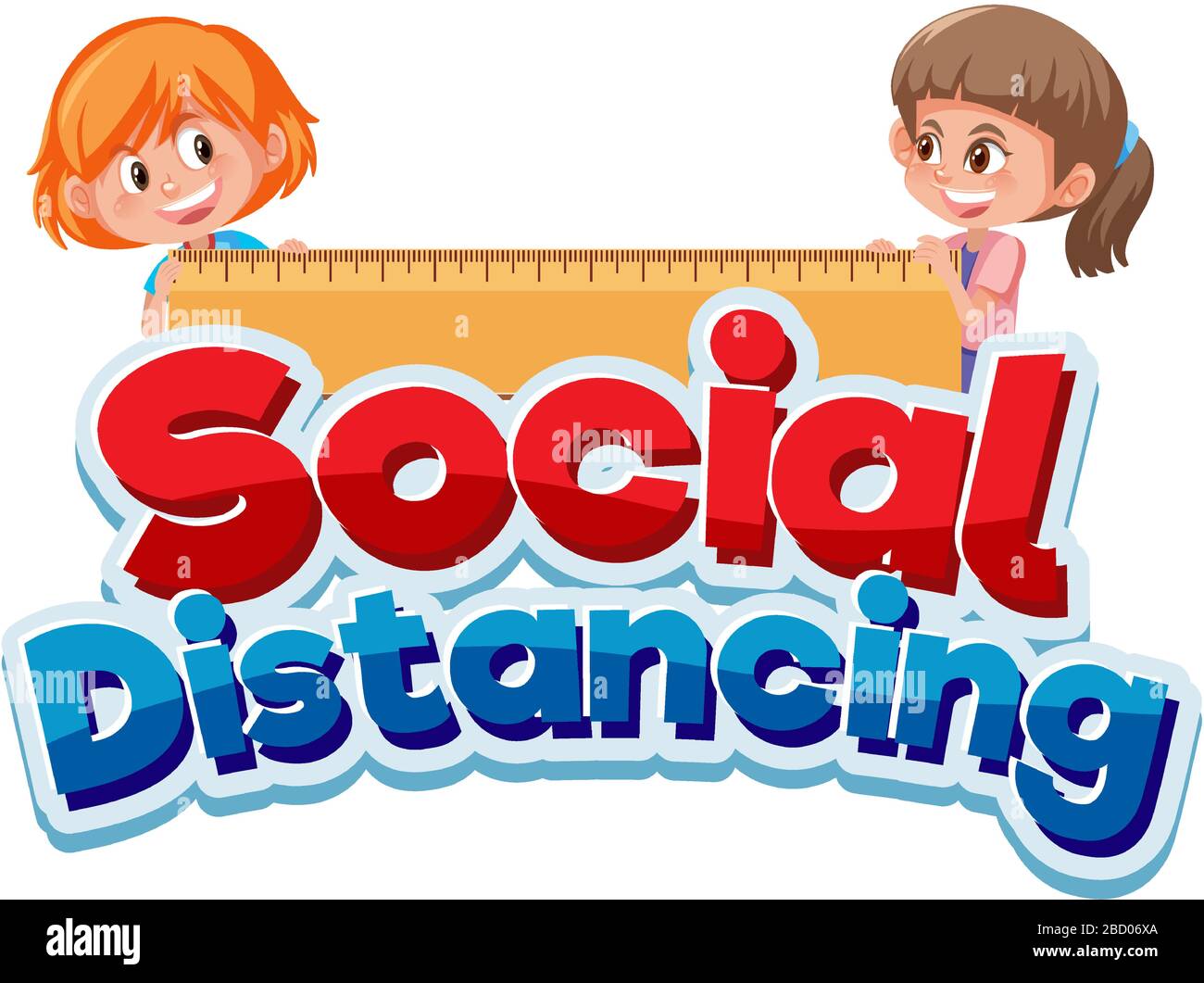Font design for phrase social distancing with two happy girls ...