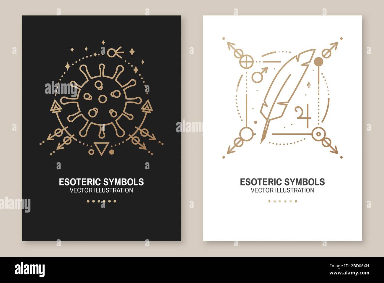 Esoteric symbols poster, flyer. Vector illustration. Thin line geometric badge. Outline icon for alchemy, sacred geometry. Mystic, magic design with bacteria, coronavirus, feather, stars, planets Stock Vector