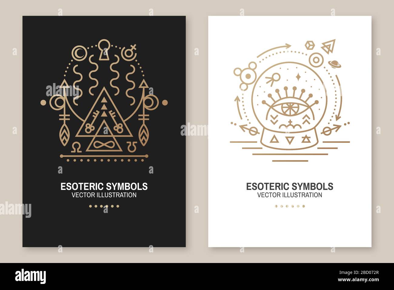 Esoteric symbols poster, flyer. Vector. Thin line geometric badge. Outline icon for alchemy, sacred geometry. Mystic, magic design with portal to another world and glass ball with all-seeing eye Stock Vector