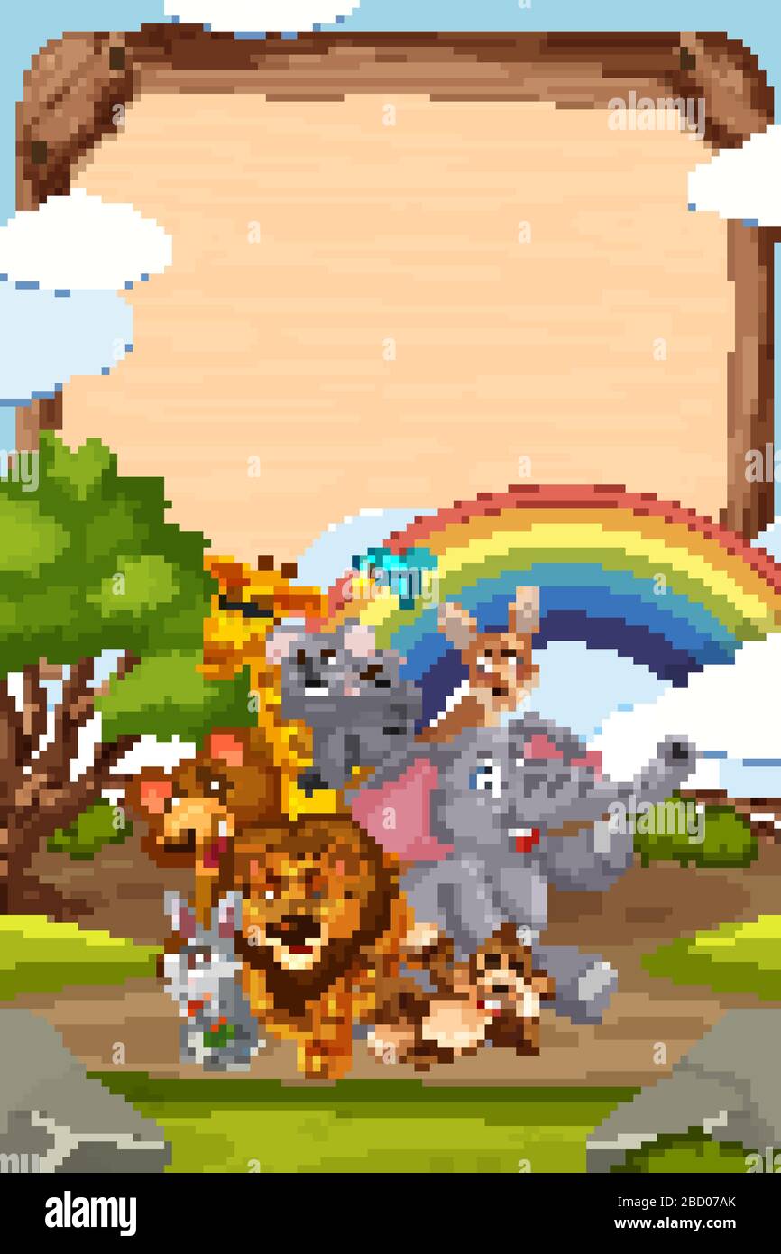 Border template design with many wild animals in background ...