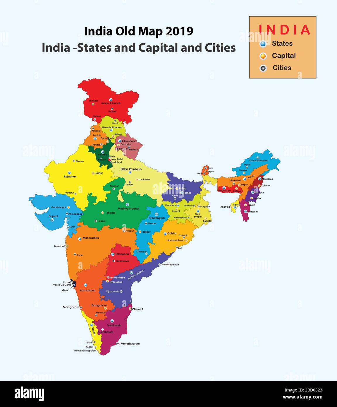 India Map And States And Capitals India Map 2019. India Old Map With States Capital And Cities Name. Popular  Cities In India Stock Vector Image & Art - Alamy