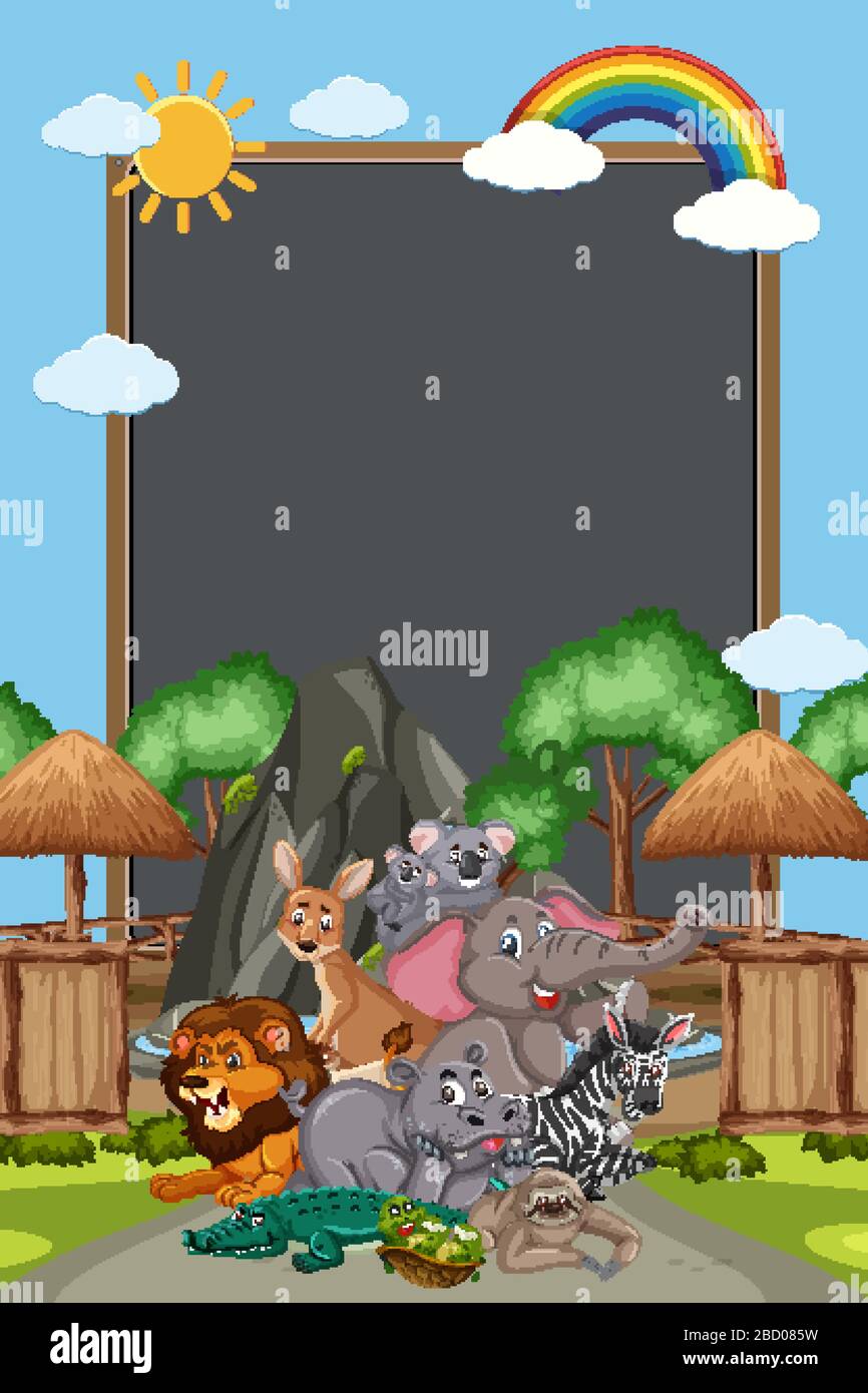 Border template design with many wild animals in background ...