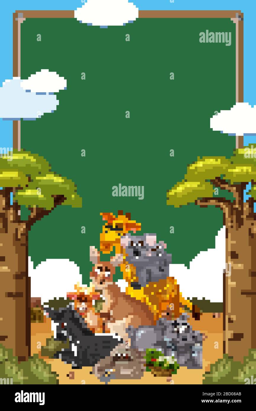 Border template design with many wild animals in background