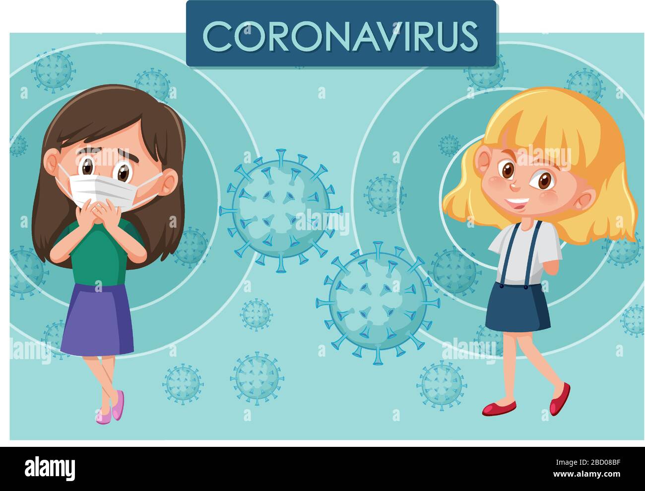 Coronavirus poster design with sick girl and virus cell illustration ...