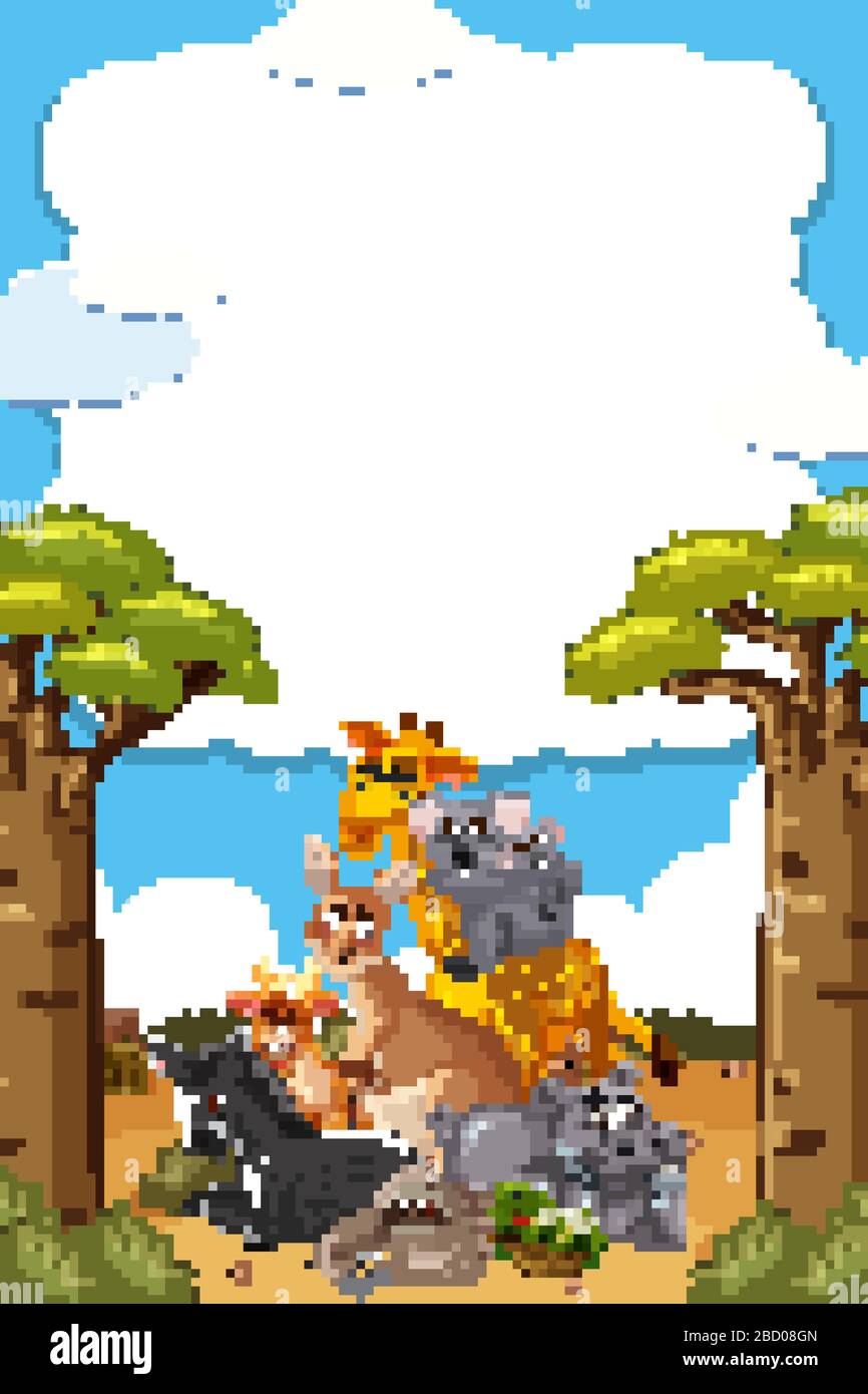 Border template design with many wild animals in background ...