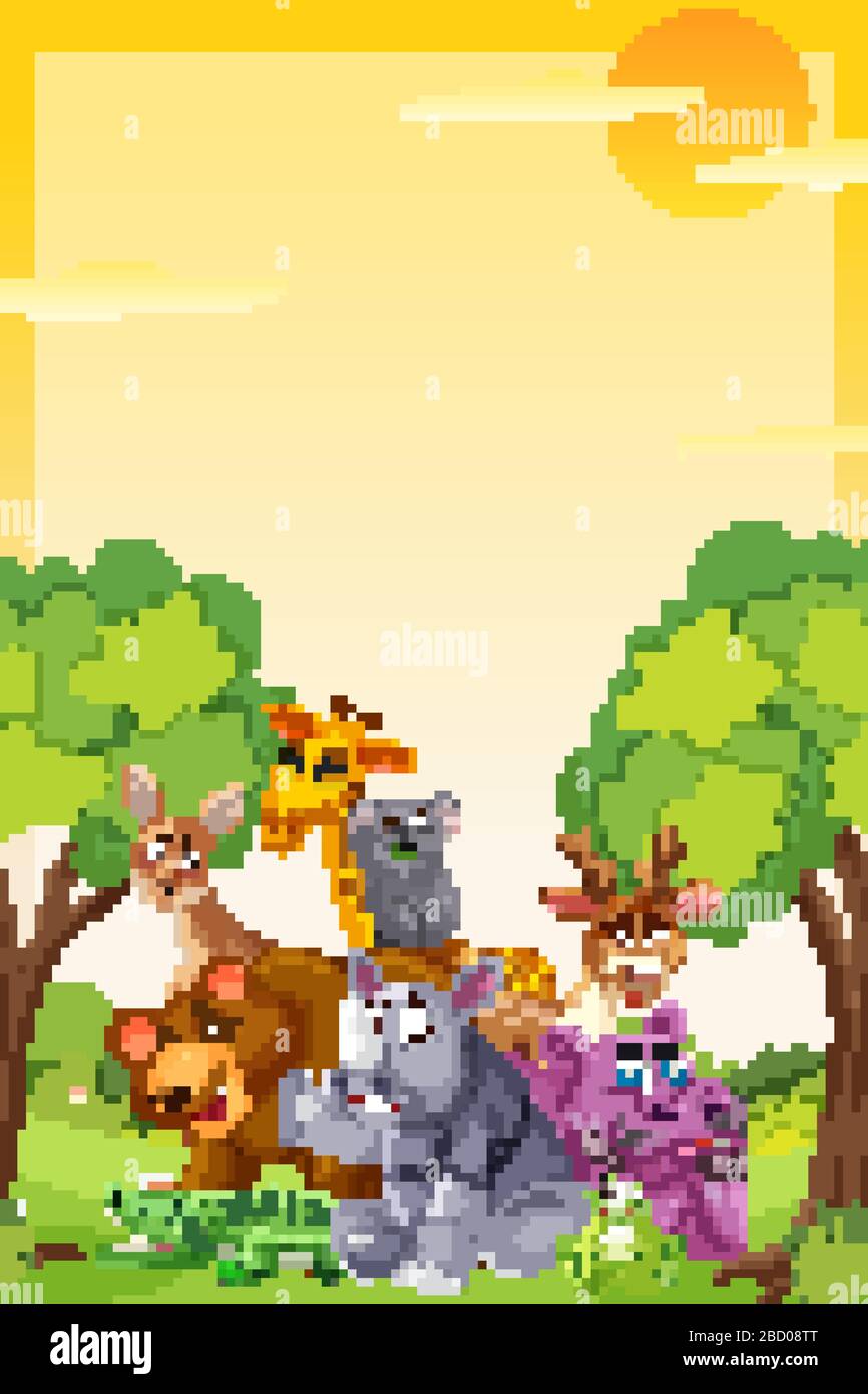 Border template design with many wild animals in background ...