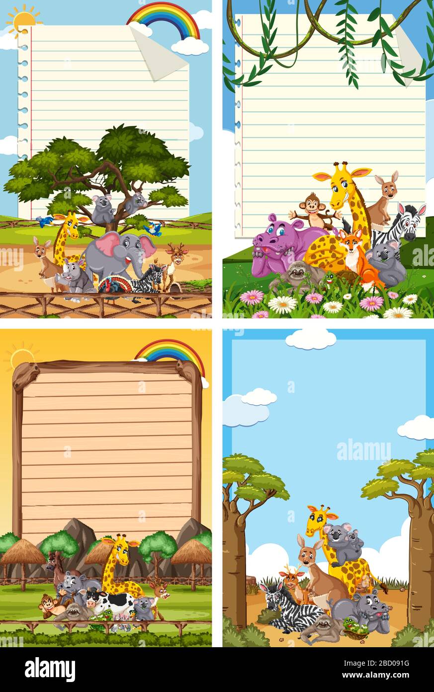 Border template design with many wild animals in background ...