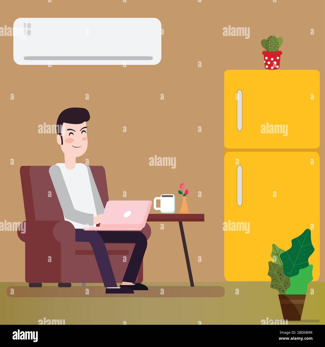 Work from home. Man working with laptop at home and sitting on a sofa Stock Vector