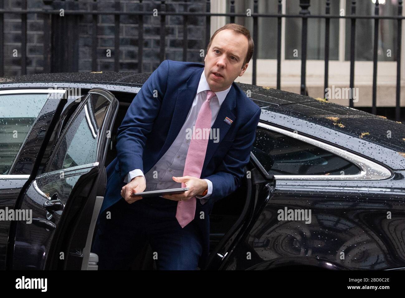 Health Secretary Matt Hancock arrives in Downing Street, London, after Prime Minister Boris Johnson was admitted to hospital for tests as his coronavirus symptoms persist. Stock Photo