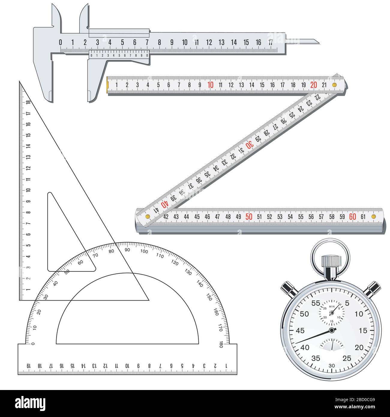 Caliper, ruler, folding rule, stopwatch Stock Vector