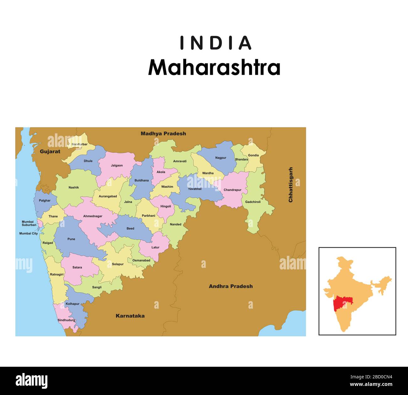 Maharashtra map. district names in Maharashtra. Maharashtra map with border. Maharashtra location in India map. Stock Vector