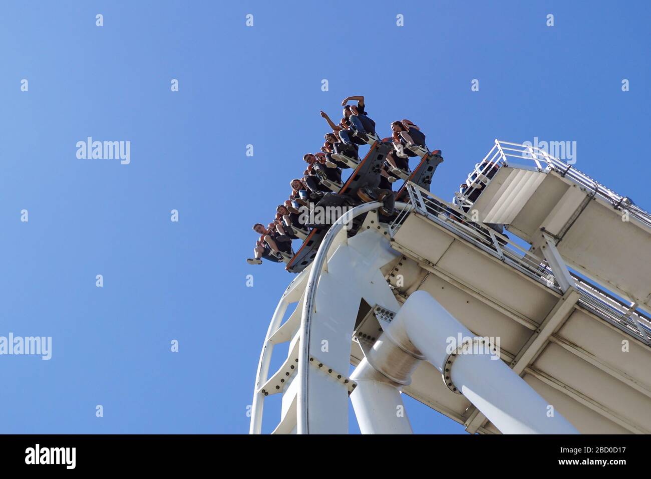 Gardaland, italy 20 june 2019 . Young people screaming during a ride at roller coaster Gardaland park Stock Photo