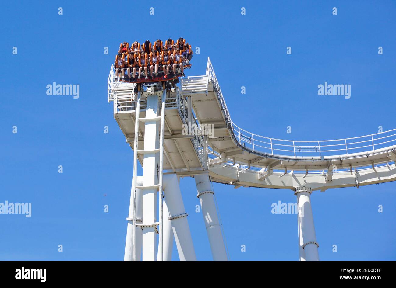 Gardaland, italy 20 june 2019 . Young people screaming during a ride at roller coaster Gardaland park Stock Photo