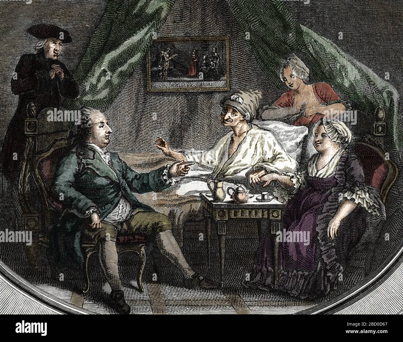 Le dejeuner de Ferney : 'Francois Marie Arouet dit Voltaire (1694-1778), assis dans son lit, devise avec (de gauche a droite) le Pere Adam, Jean-Benja Stock Photo