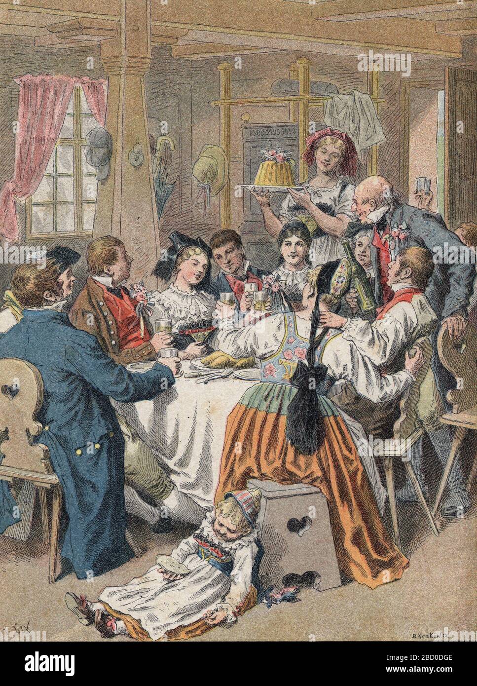 'Repas traditionnel de fiancailles chez une famille alsacienne' (Traditionnal banquet for engagement celebration in Alsace) Gravure tiree de 'Les peup Stock Photo