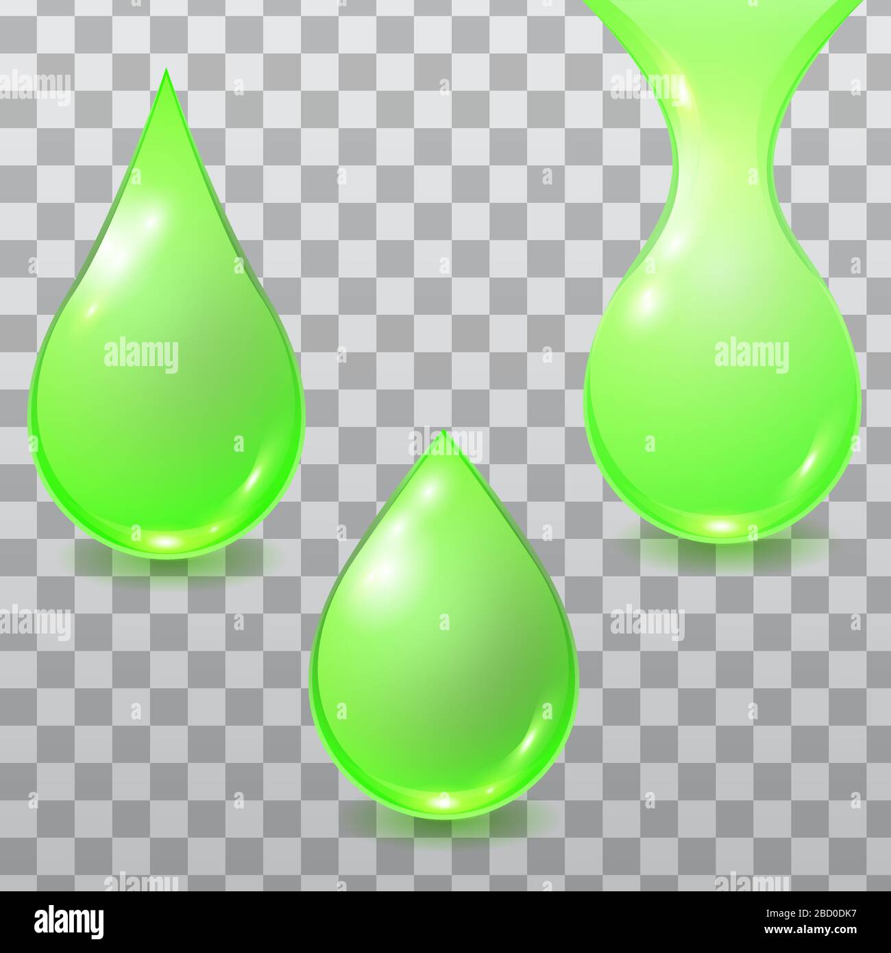 Vector set of green drops isolated on checkered background. Falling