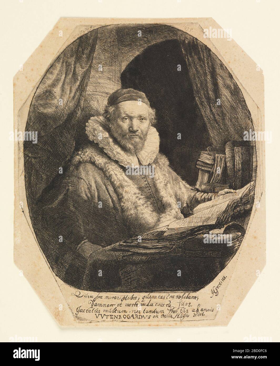 Jan Uytenbogaert 15571644 Preacher of the Remonstrants. Research in ProgressHalf-length portrait of the subject, turned toward the right, looking out at the spectator, head shown in three-quarter view. He is seated before a table on which are several books. His left hand supports an open volume. Jan Uytenbogaert 15571644 Preacher of the Remonstrants Stock Photo
