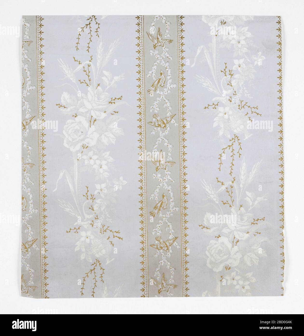Sidewall. Neoclassical pattern of columns of flower bouquets with roses and ears of wheat alternating with vertical ribbons with simple lace-like borders; vertical pattern in ribbon of songbirds alternating in three poses on entwined white wreaths; interiors of ribbons are grey with gold h Sidewall Stock Photo