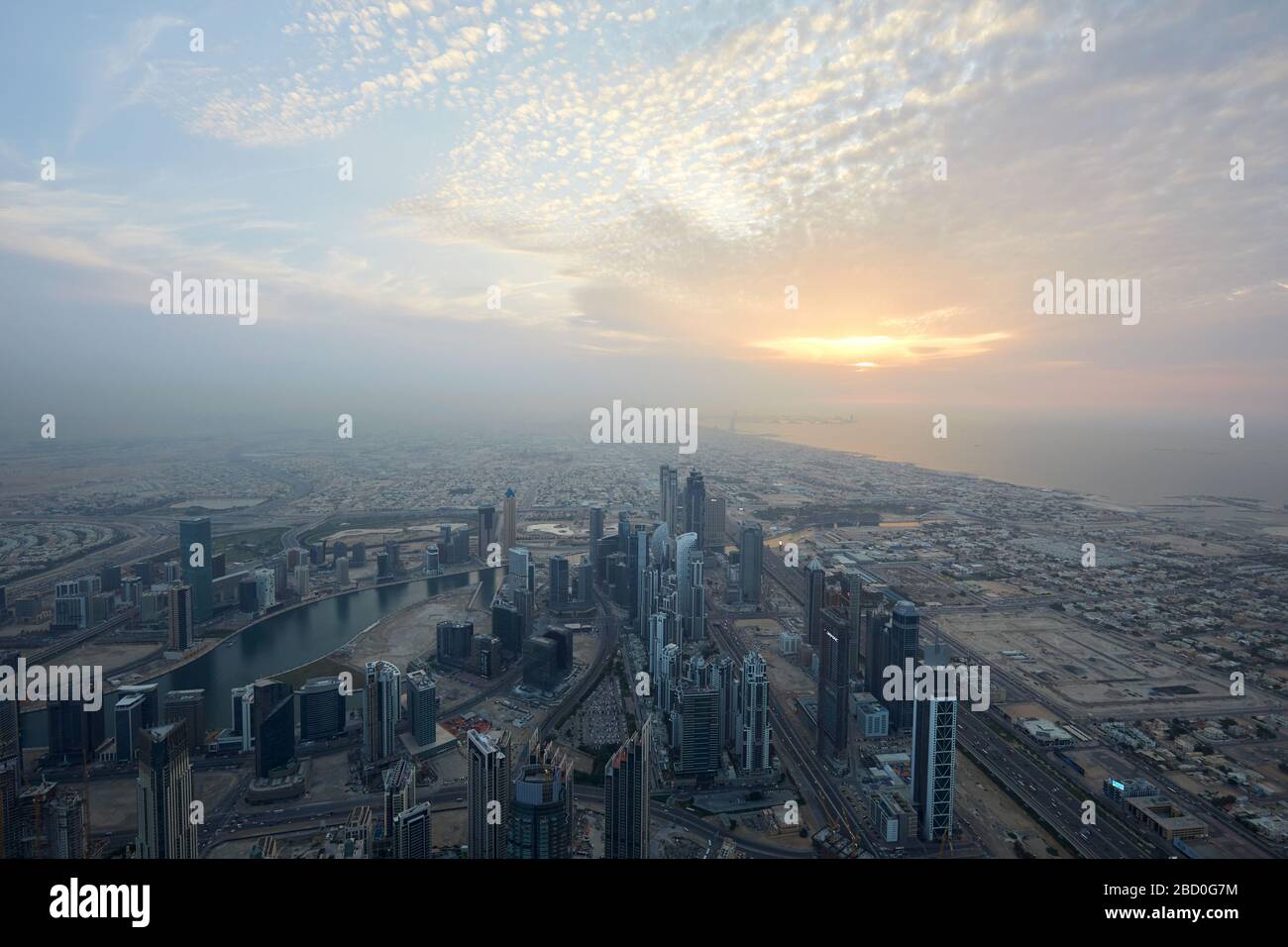 DUBAI, UNITED ARAB EMIRATES - NOVEMBER 19, 2019: Dubai city high angle view with skyscrapers at dusk seen from Burj Khalifa Stock Photo