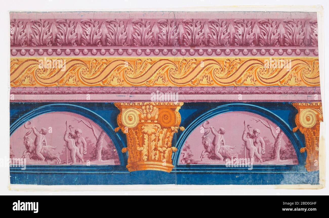 Frieze. Research in Progressa) Frieze: bandings, top to bottom: 1) pink and purple acanthus leaves; 2) pink row of balls; 3) yellow, orange, purple wave and feather/foliage pattern; 4 & 5) narrow geometric pink and purple bandings forming architrave for gold and yellow Ionic and Corinthi Frieze Stock Photo