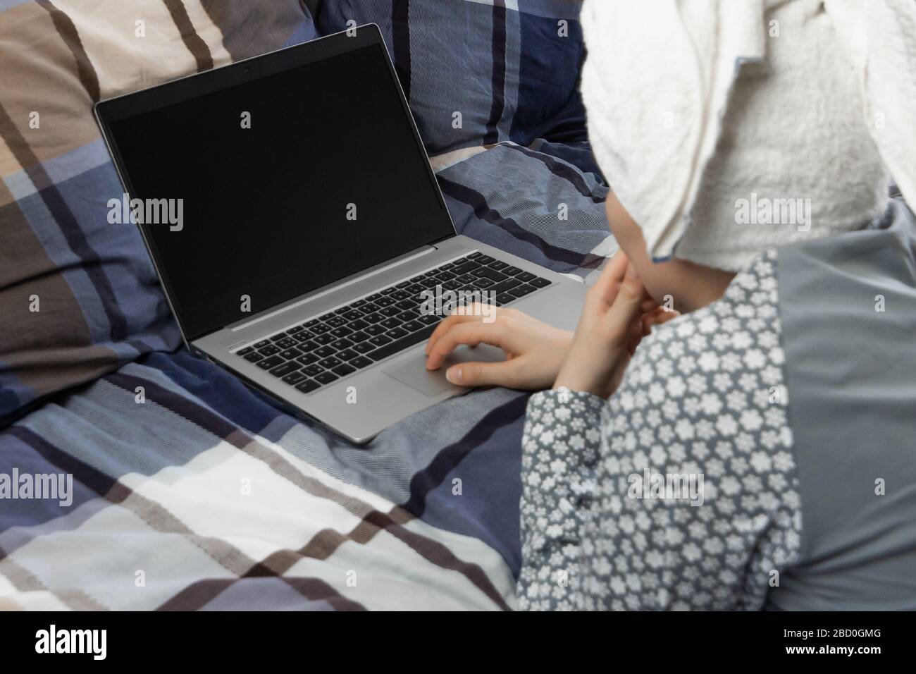 Stay at home during pandemic of coronavirus. Closeup woman with wrapped