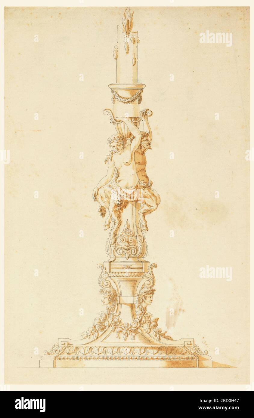 Elevation of a Candlestick. Research in ProgressThe foot is decorated with beads and festoons. A satyr couple seated on pilaster strips support the socket in which a burning candle sticks. Reverse; horizontally. A caryatid supporting an entablature; plans; scribbling; graphite. Elevation of a Candlestick Stock Photo