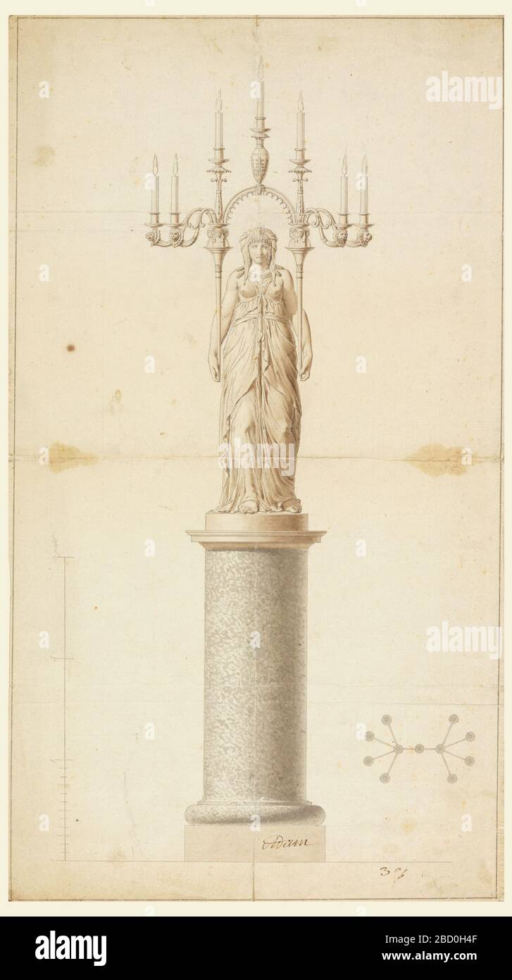 Design for a Candelabrum. Research in ProgressA woman standing on a column supports both handles of a stand with seven sockets (meant to be eleven) holding burning candles. Four sockets are decorated with lion heads and other three with stylized foliage. Design for a Candelabrum Stock Photo