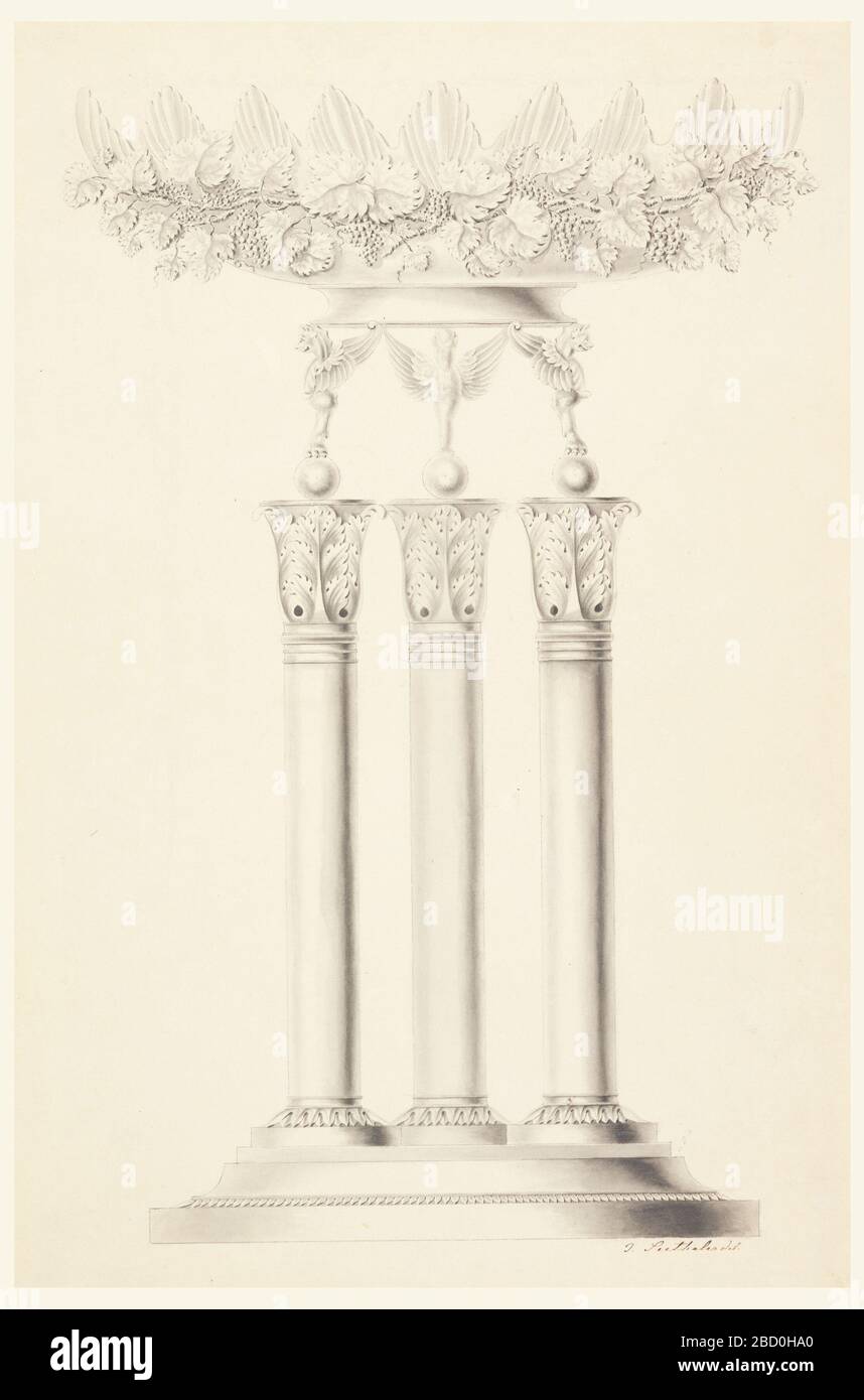 Design for the Silver Mount for a Glass Fruit Bowl. Research in ProgressChimeras standing upon three columns support the base of a bowl with scalloped top edge. It is surrounded by grape vines. Design for the Silver Mount for a Glass Fruit Bowl Stock Photo