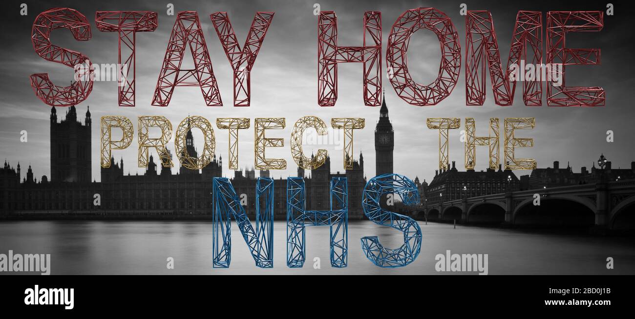 Floating metal type letters in front of Houses of Parliament reading Stay Home Protect the NHS in relation to Coronavirus or COVID 19 pandemic Stock Photo