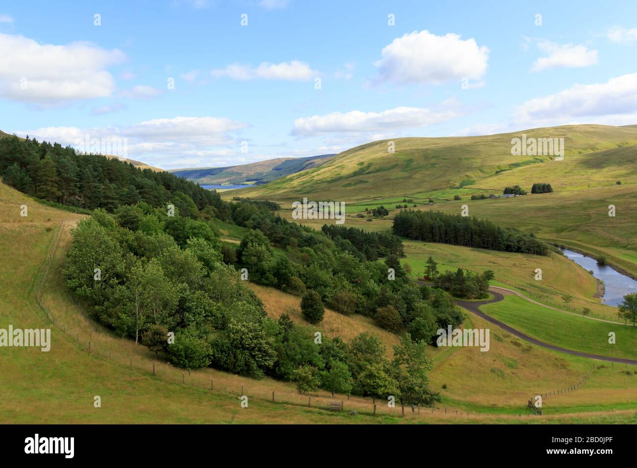 View down the glen from Megget reservoir  with St Marys lock in the distance Stock Photo