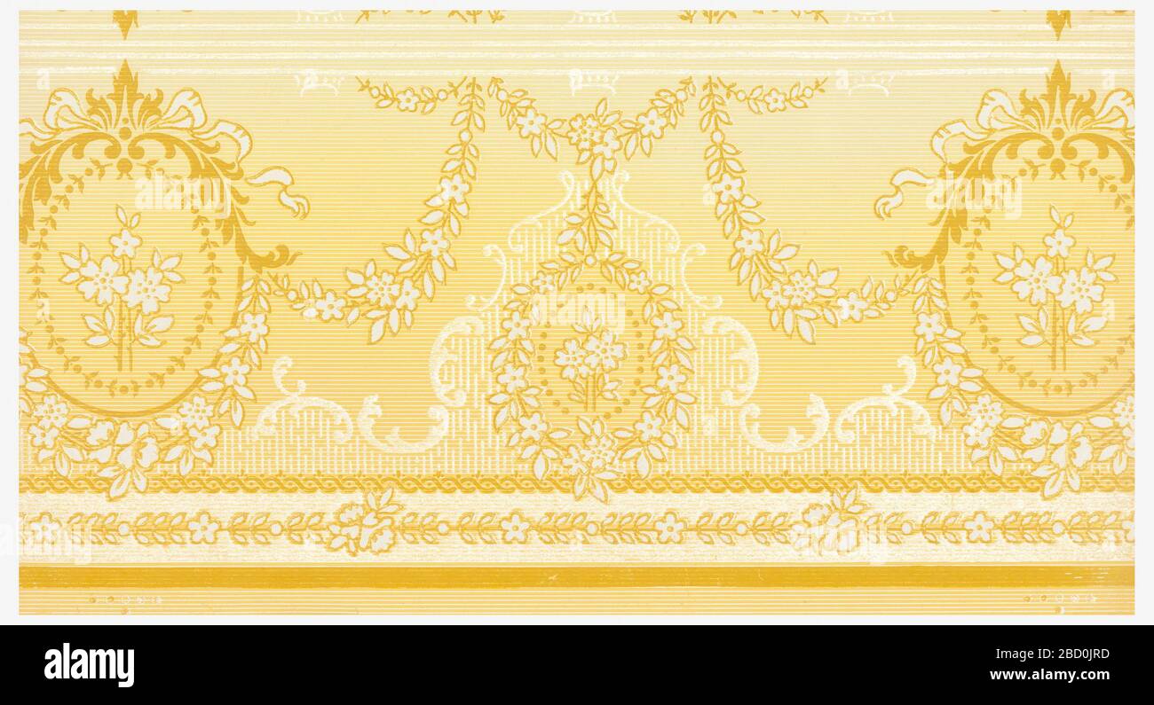 Frieze. Research in ProgressNarrow floral medallion frieze, printed in browns and liquid mica white, with medallion being connected by floral swags, above guilloche banding and small floral banding. Frieze Stock Photo