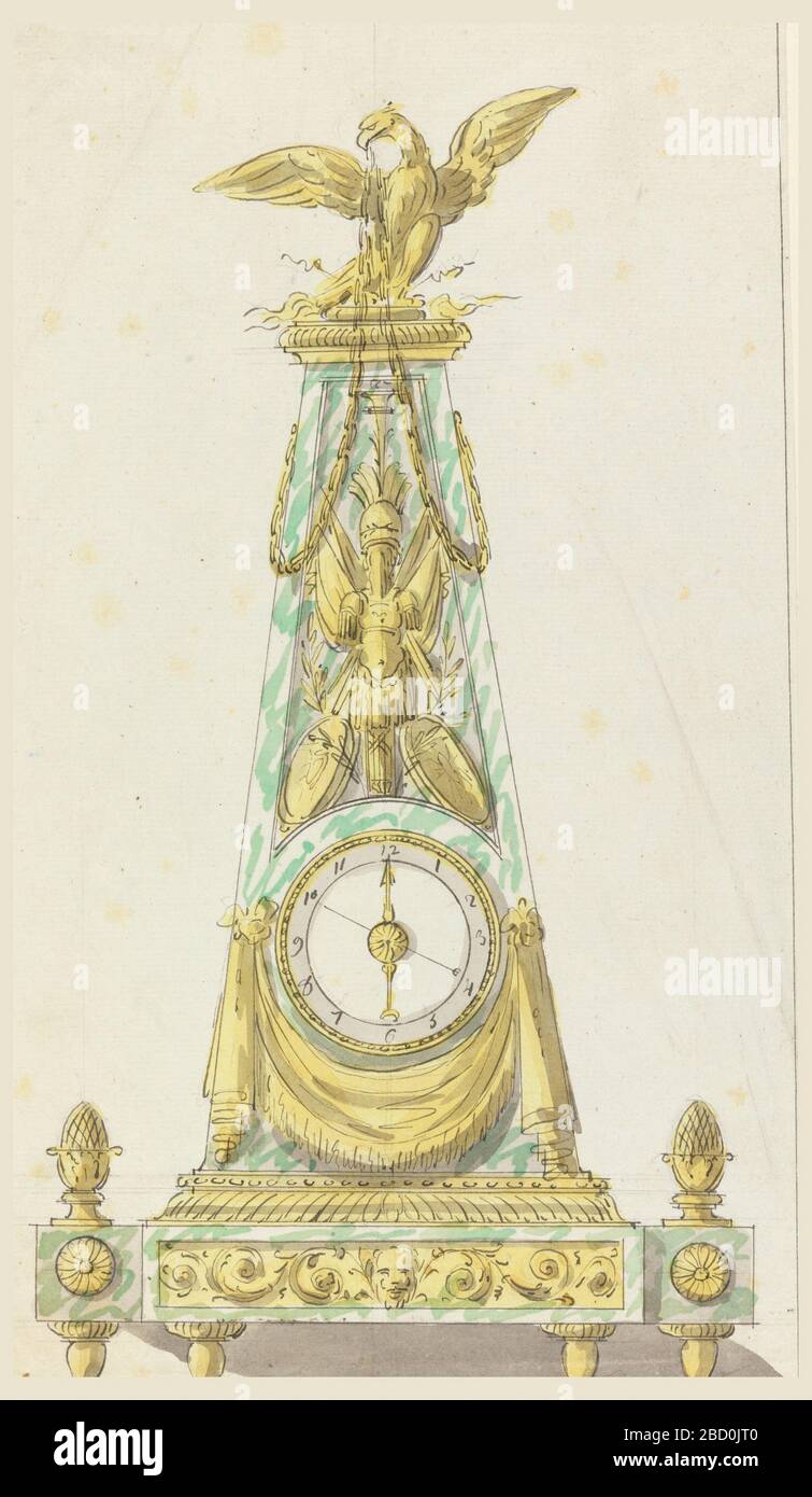 Design for a Mantel Clock. Research in ProgressDesign for a marble and bronze clock. The clock is set in a marble case, a truncated pyramid in shape, mounted on a marble and bronze plinth. Below the dial a bronze swag, above the dial an escutcheon. Design for a Mantel Clock Stock Photo