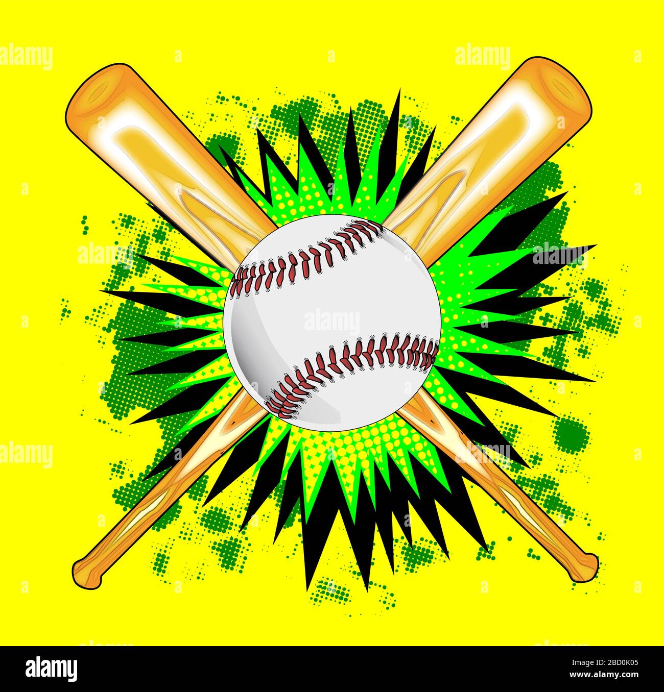 A baseball bat  and ball with green comic book splash set upon a white background Stock Vector
