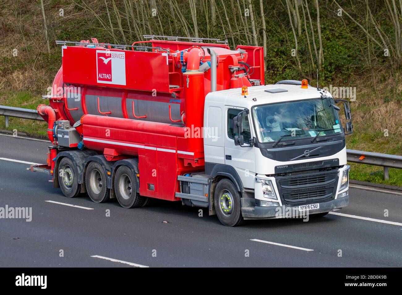 Altrad Services UK; Haulage delivery trucks, lorry, transportation, truck, cargo carrier, Volvo FM vehicle, European commercial transport, industry, M6 at Manchester, UK Stock Photo