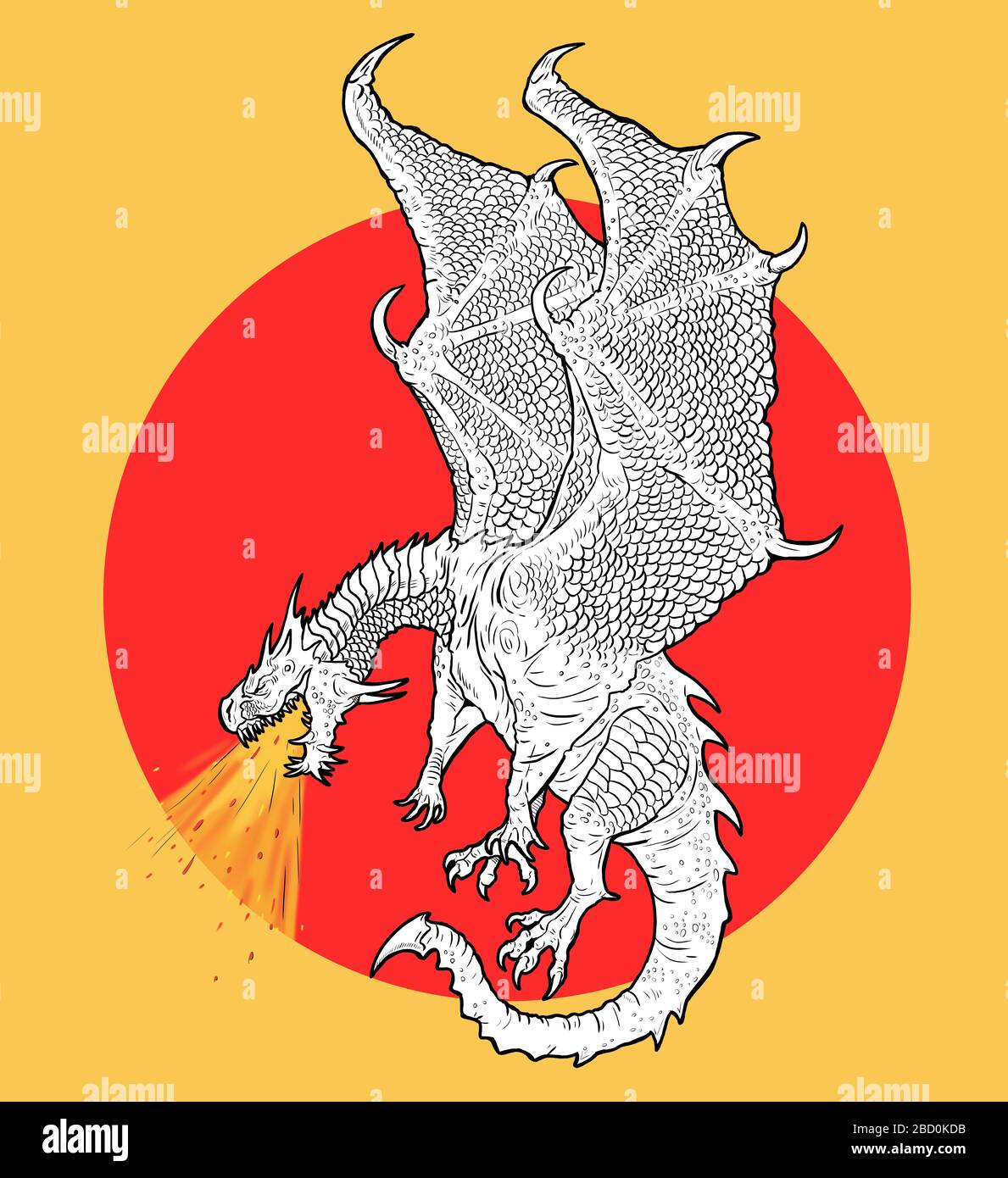 Flying dragon spits fire. Fantasy creature drawing. Stock Photo