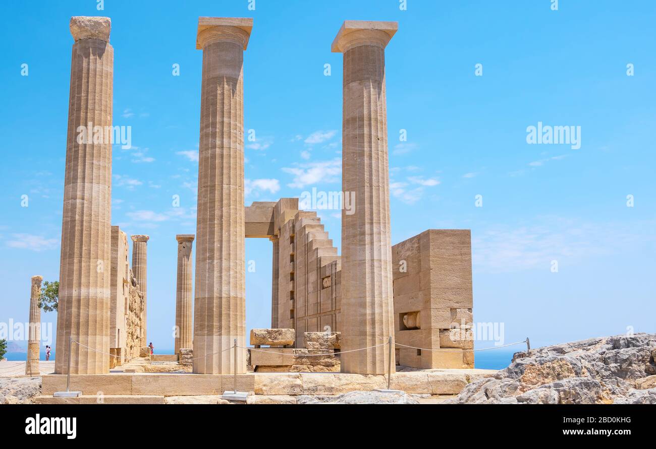 Athena Lindia Temple remains at the Lindos Acropolis.. Rhodes, Dodecanese Islands, Greece Stock Photo