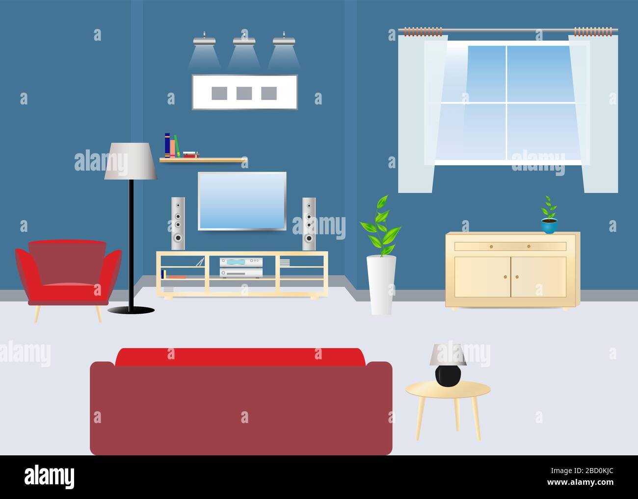 Empty living room with sofa facing TV and HIFI set. Wooden chest of drawers is under the window