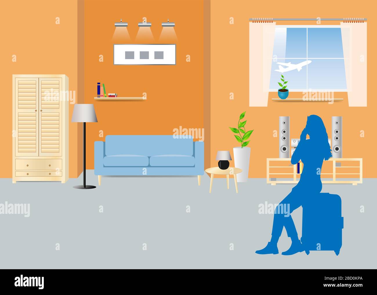 Dreaming about travel concept vector. Silhouette of young woman sitting on suitcase in living room and looking at the departing plane outside the wind Stock Vector